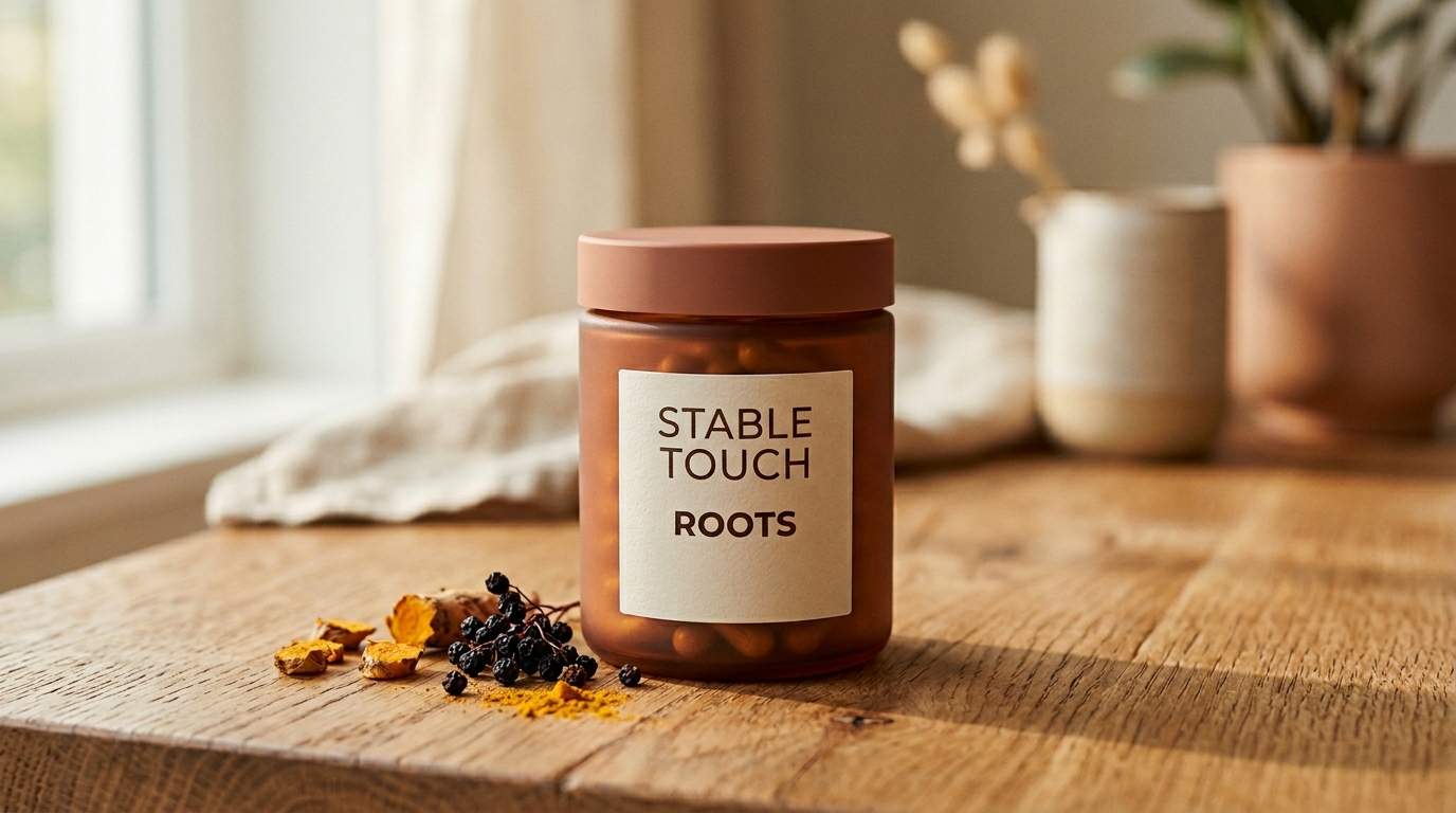 Bote de cristal de Stable Touch Roots sobre una mesa de madera cálida