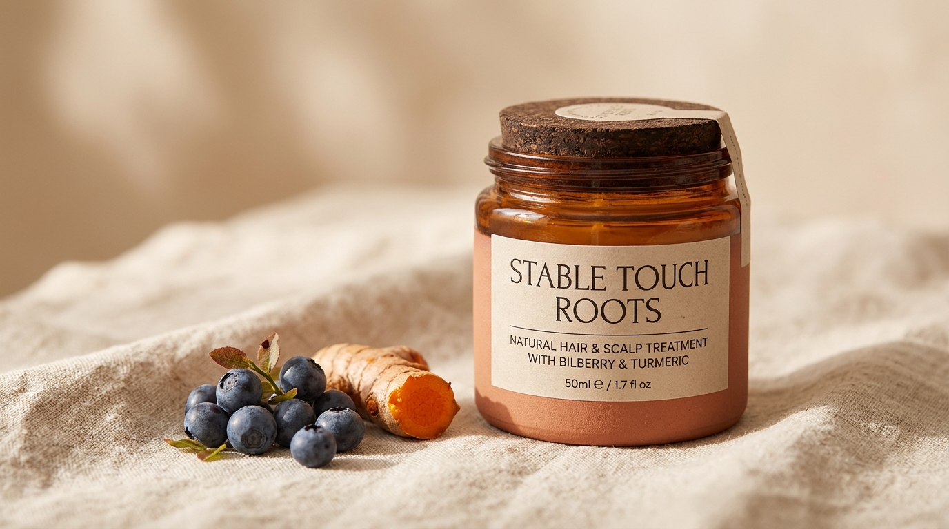 Bote de Stable Touch Roots visto de lado junto a ingredientes naturales